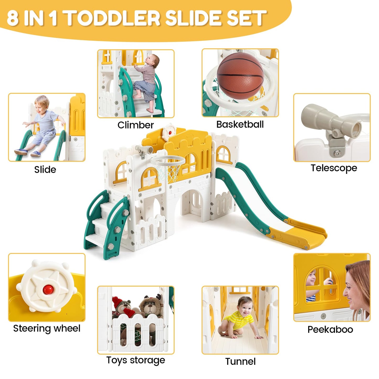 GAOMON 8 in 1 Toddler Slide Indoor Playground, Indoor Slide Toddler Playset for Toddlers 1-3, Kids Outdoor Playground with Slide, Basketball Hoop, Climber, Crawling Tunnel, Telescope, Toy Storage