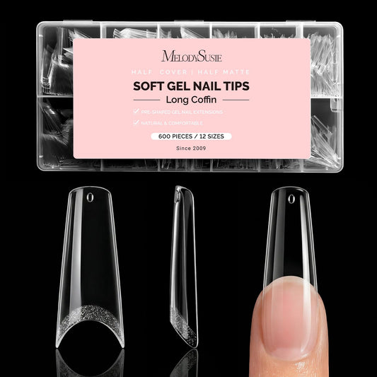 MelodySusie Long Ballerina X Nail Tips - 600Pcs Clear Acrylic, Half Matte Full Cover Press on Nails for DIY Extension & Salon Use, 12 Sizes Pre-Shaped for Long-Lasting Manicure