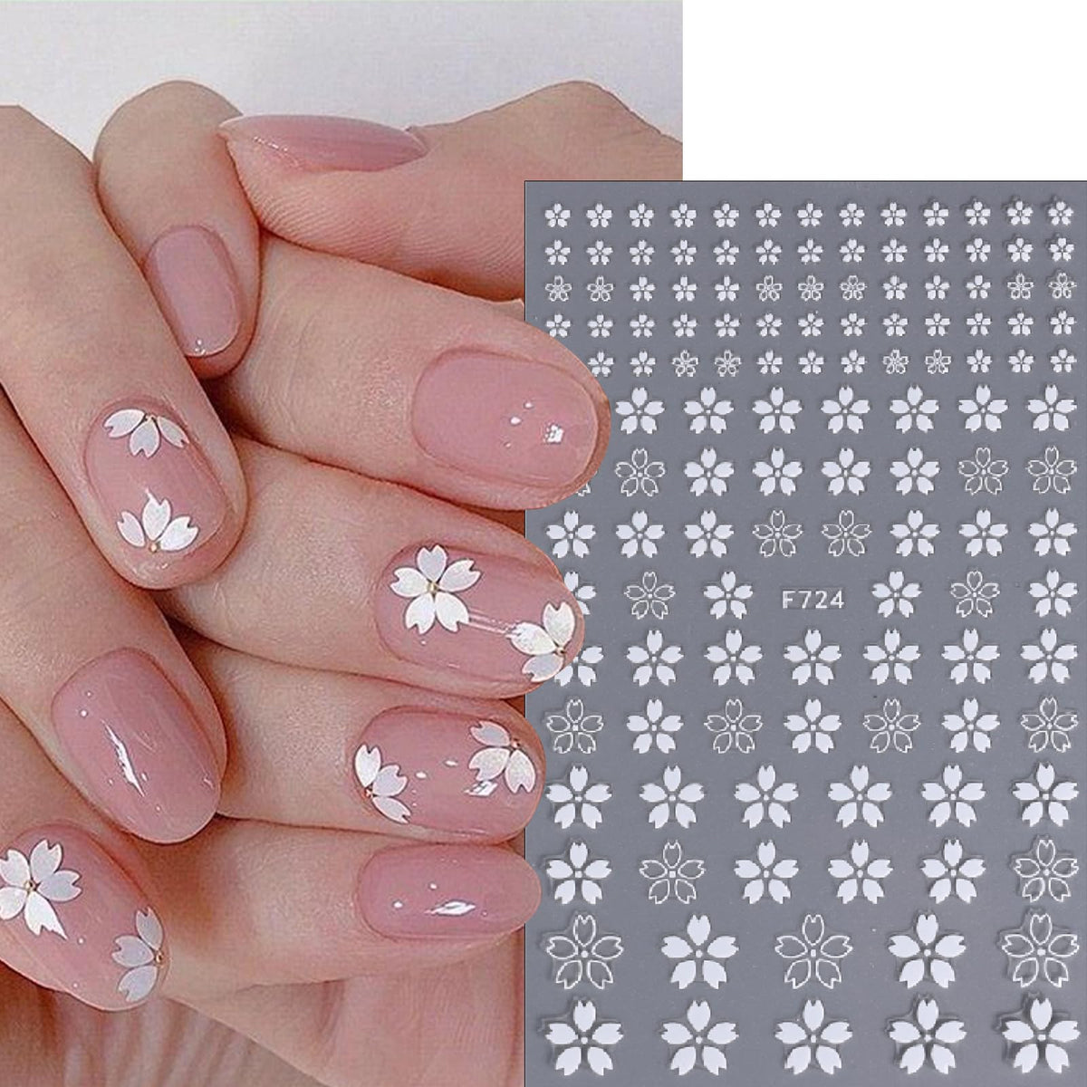8 Sheets White Flower Nail Art Stickers Flower Daisy Nail Decals 3D Self-Adhesive White Cherry Blossom with 5 Petals Floral Lace Design Women's Nail Art Decoration Supplies