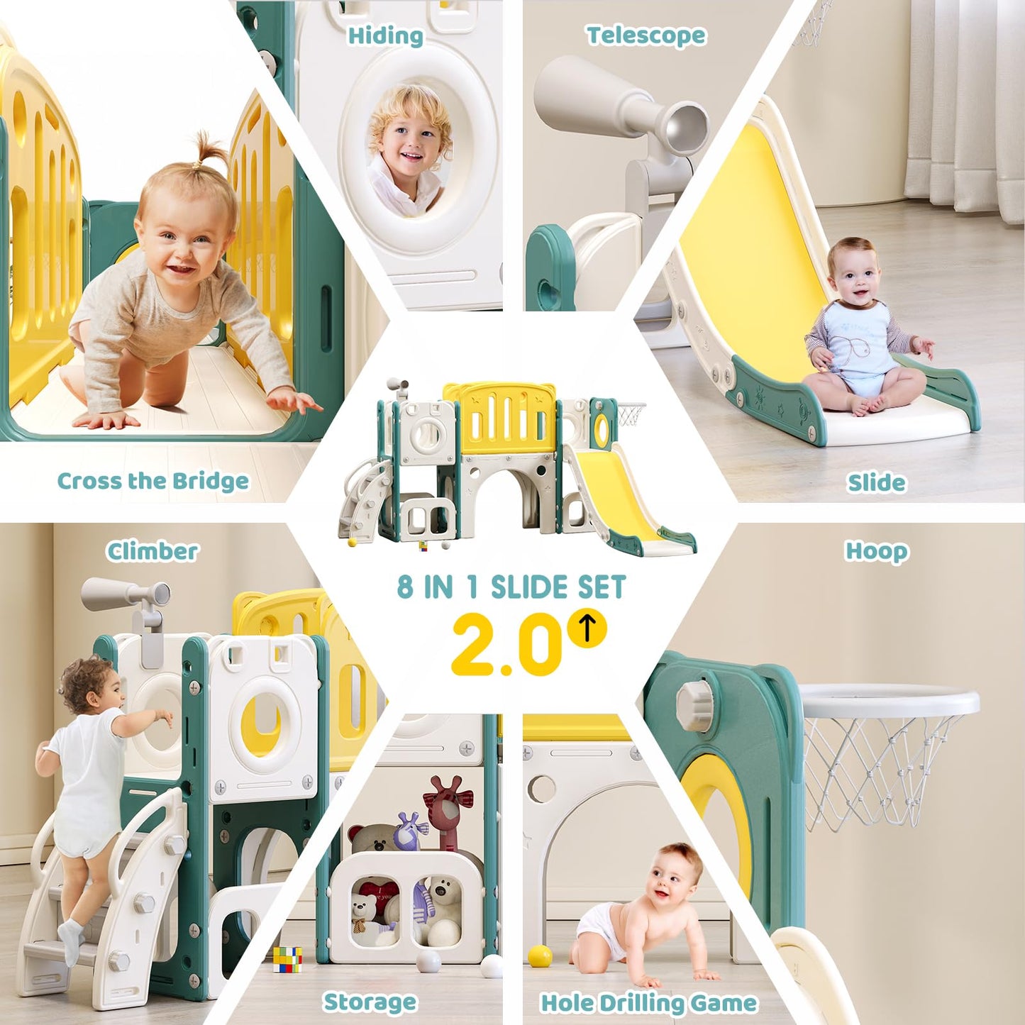 MOCUTEEN 8-in-1 Toddler Climber and Slide Playset with Basketball Hoop - Indoor/Outdoor Playground Gym Activity Center for Kids