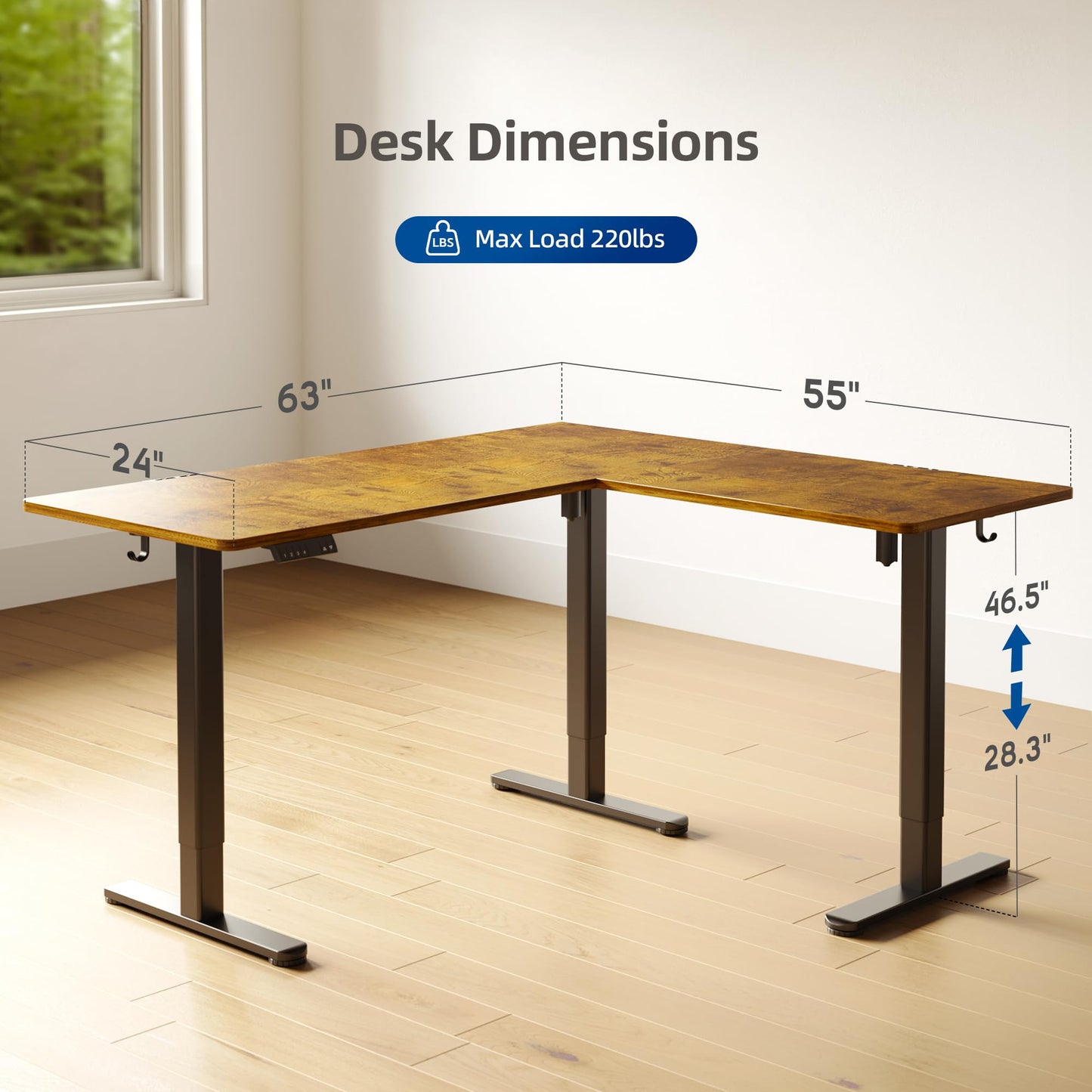YDN L Shaped Standing Desk, Electric Standing Desks L Shape Adjustable Height Dual Motor, 63 x 55 Inch Corner Standing Desks with Splice Board for Home Office, Large Standing Desk, Rustic Brown