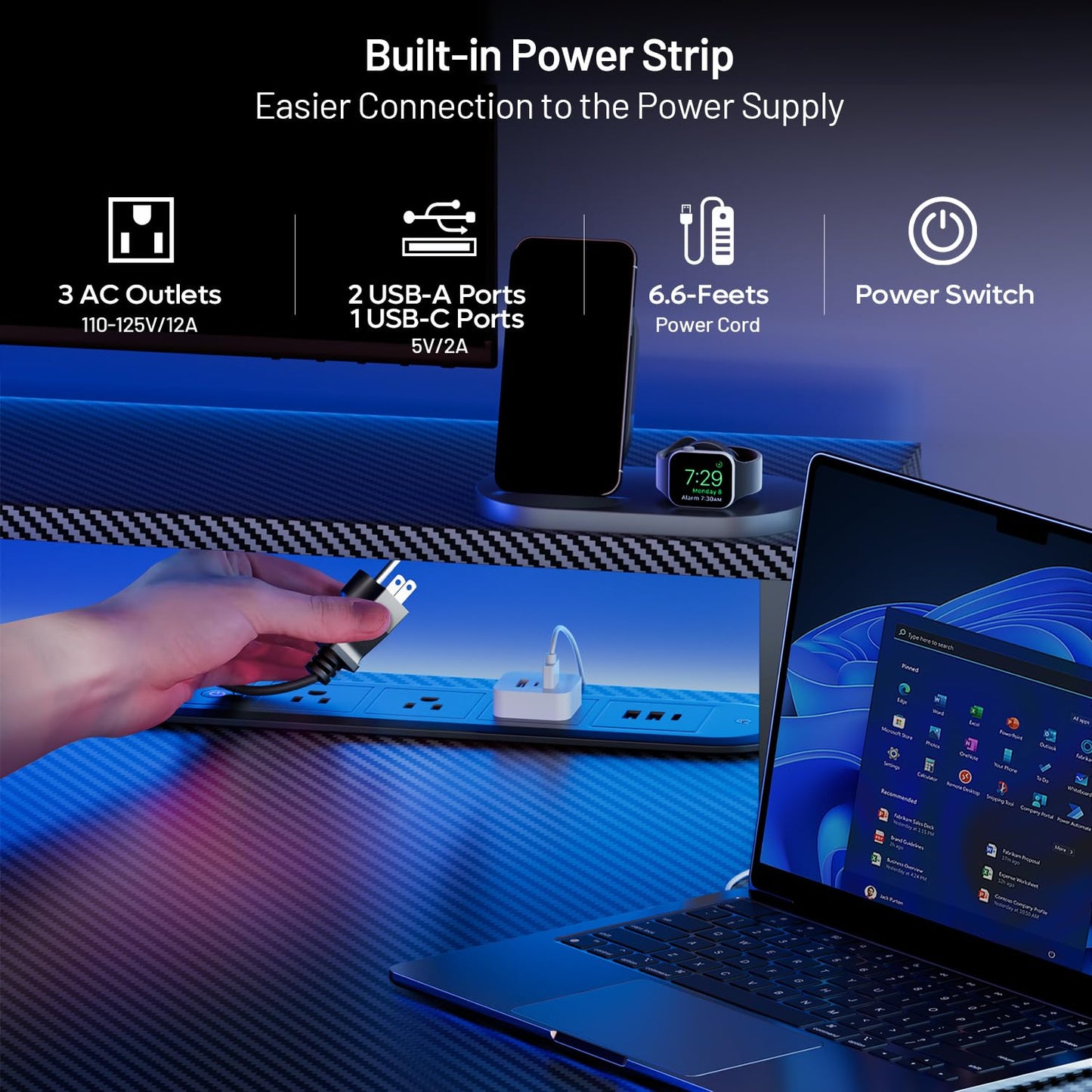 HLDIRECT 47 Inch Gaming Desk with 5 Sockets & LED Lights, Computer Gamer Desk with Monitor Stand, Ergonomic Carbon Fiber Gaming Table Home Office Desk with Cup Holder, Headphone Hook & Mouse Pad