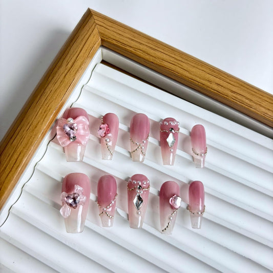 Yabonica Handmade Press On Nails 10Pcs Acrylic False Nails Press Ons with 3D Pink Bow Nail Art Gel Hand-Painted Design,Nature&Lasting Stick On Nails for Woman Girls Daily Party&Wedding Wear (068P, S)