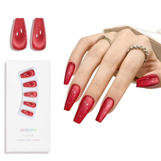 Dark Red Cat Eyes Press On Nails,12 Sizes-24 Pcs Soft Gel Red Medium Coffin Fake Nails Kit with Nail Glue, Natural Reusable Stick On False Nails for Women and Girls SK1000