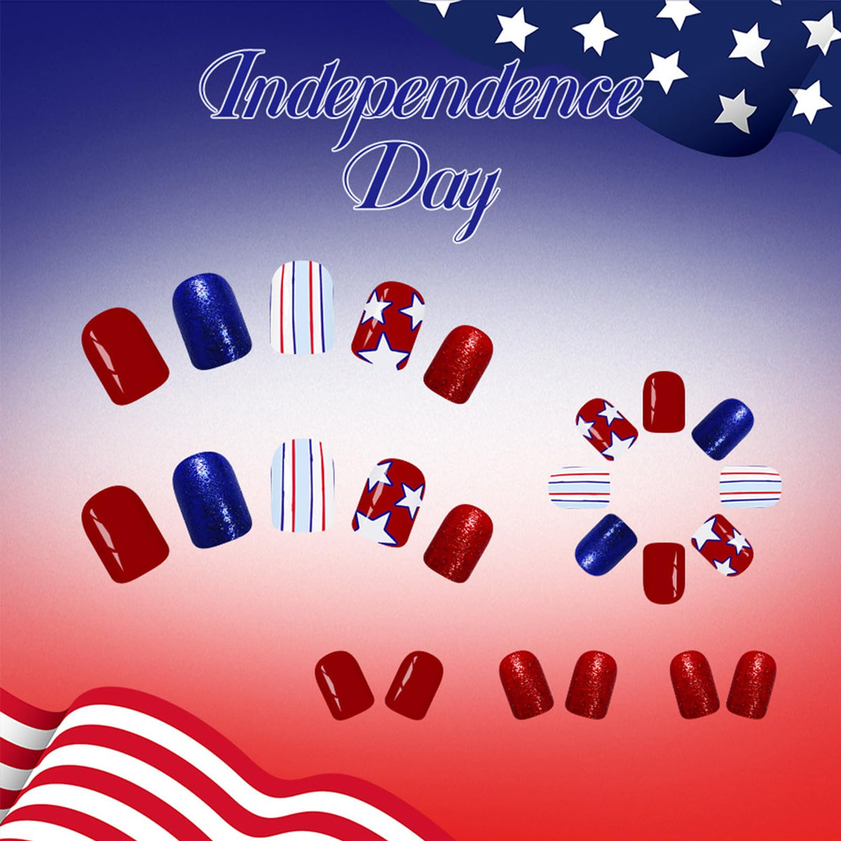 4th of July Press on Nails Short Square Fake Nails Red Blue Glitter False Nails with Star Stripes Design Independence Day Patriotic Nails Full Cover Glossy Stick on Nail for Women Manicure 24Pcs