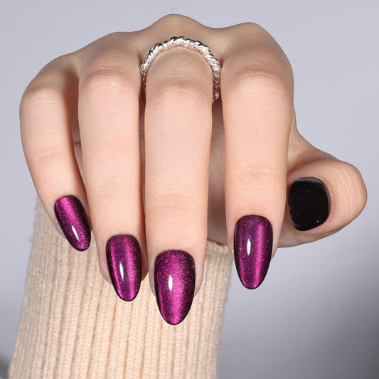 Purple Cat Eye Press On Nails - Short Almond Cat Eye Nails Press Ons for Women Fake Nails with Glue, Glossy Reusable Glue on Nail in 16 Sizes - 32pcs
