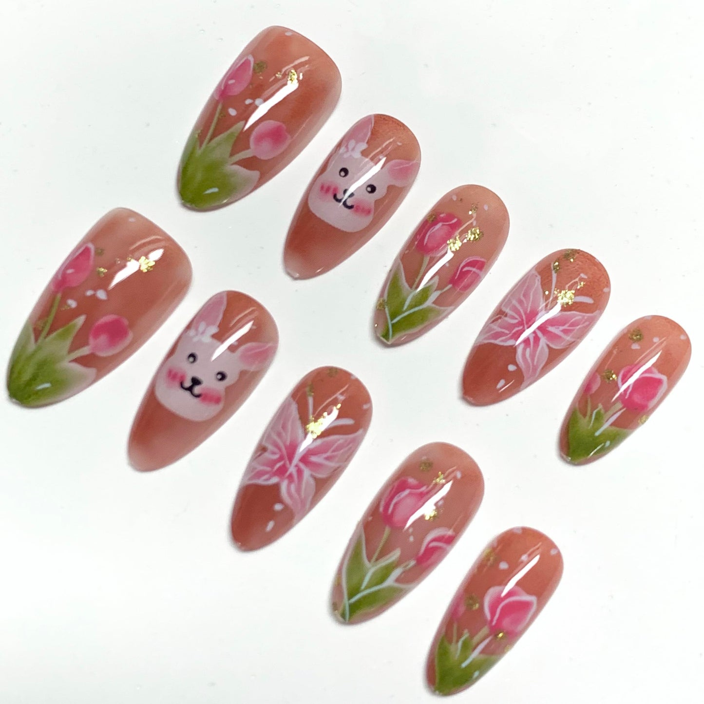 BABALAL Press On Nails, Short Almond Fake Nails, Pink Blossom With Bunny & Floral, Cute Kawaii Spring Summer Glossy Glue On Nails For Women And Girls Kids 24Pcs