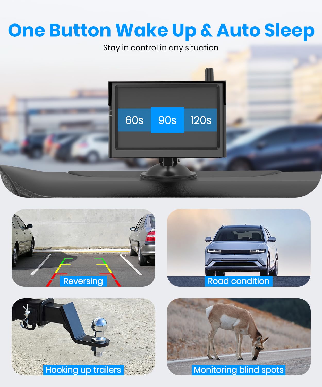 AUTO-VOX Solar Wireless Backup Camera:5" 1080P HD Monitor3-Minute Easy to Install & 5000mAh Battery Powered Back Up Camera SystemIP69K Waterproof Wide Angle Reverse Camera for Car Truck Trailer Vans