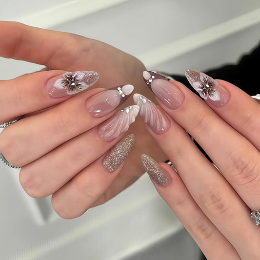 Long Press on Nails Almond Fake Nails Nude Artificial Nail SEENEEY Flowers Rhinestones Designs Cute Stick on Nail for Women 24pcs