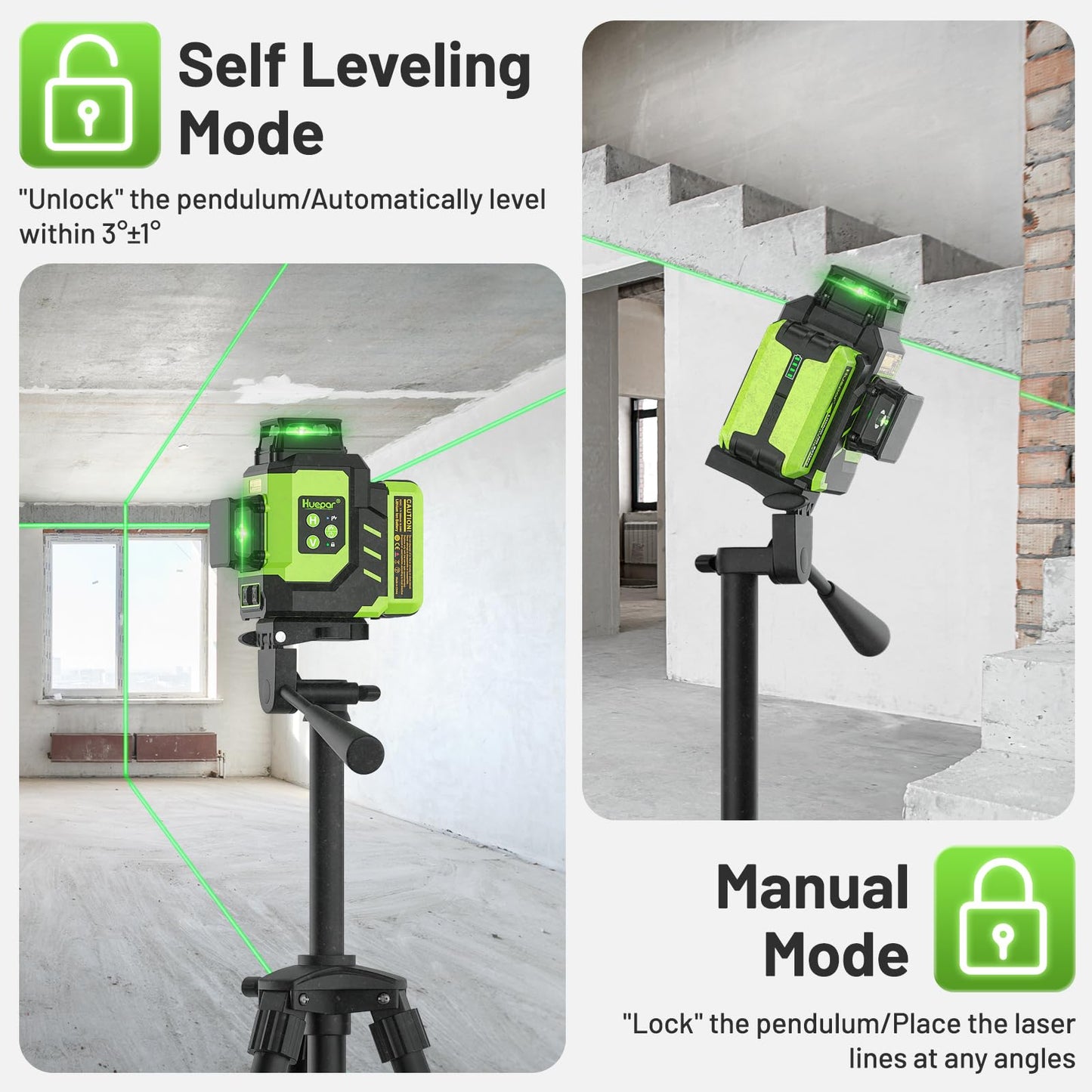 Huepar Laser Level 3x360 Self Leveling with 2 Rechargeable Batteries, 3D 12 Lines High Brightness Green Laser Level for Construction or Home Renovation, LS03CG