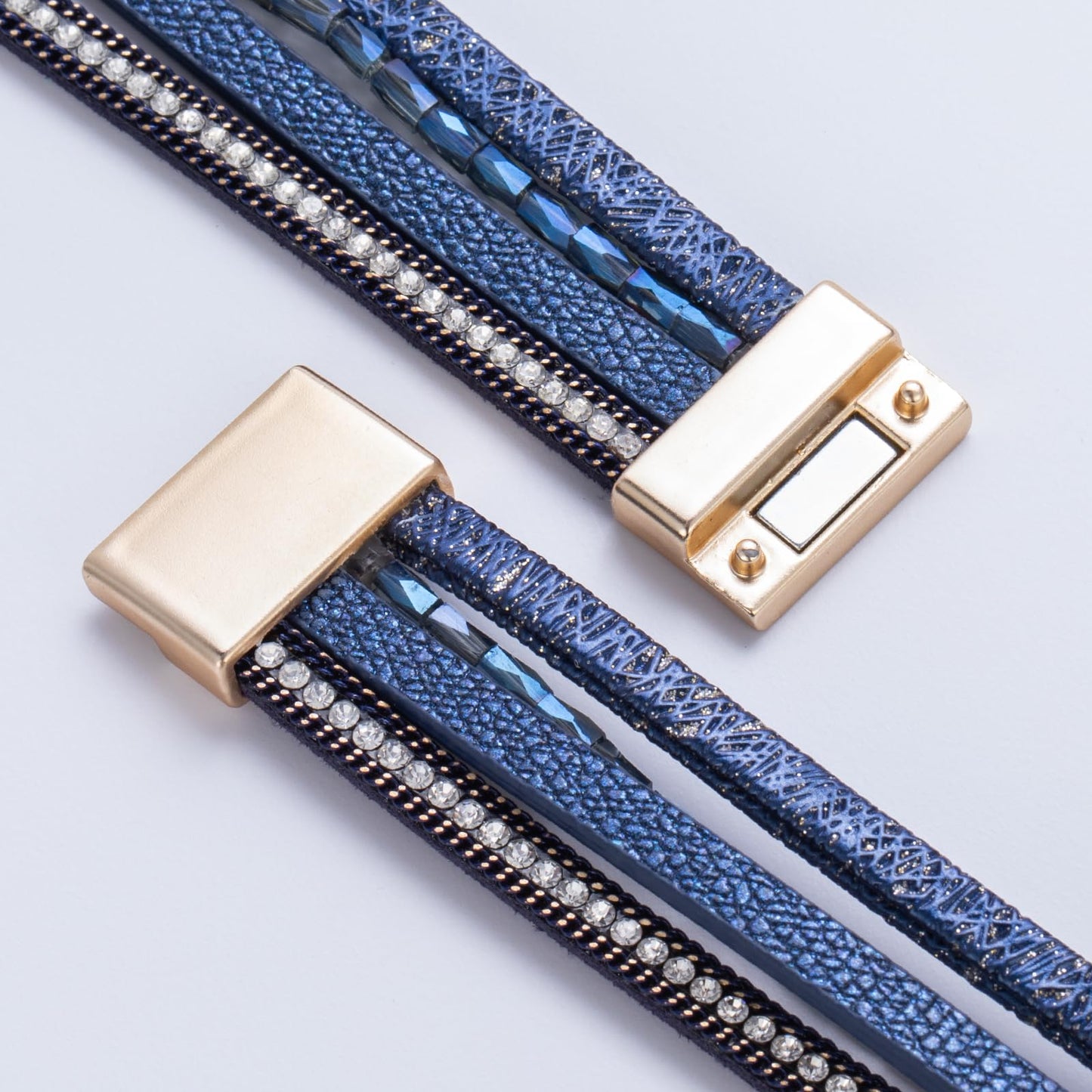 FANCY SHINY Boho Leather Wrap Bracelet Stackable Chunky Crystal Cuff Bracelets with Magnetic Clasp Cowboy Cowgirl Western Summer Beach Outfits Jewelry Gifts for Women (7.7", Navy Blue)