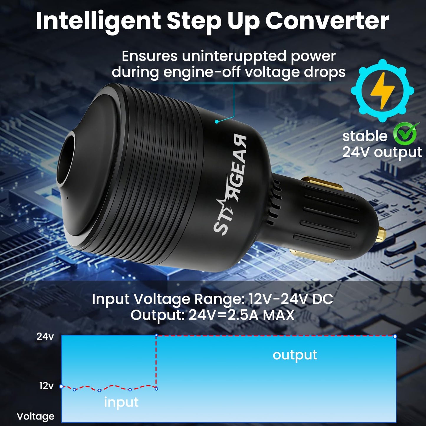 STARGEAR Starlink Mini Car Adapter 12V to 24V DC Step Up Converter with 60W Car Cigarette Lighter Adapter, Starlink Mini 12V Adapters Supports 16 AWG Official 30M, Ideal for RV, Boat, Trailer（Black）