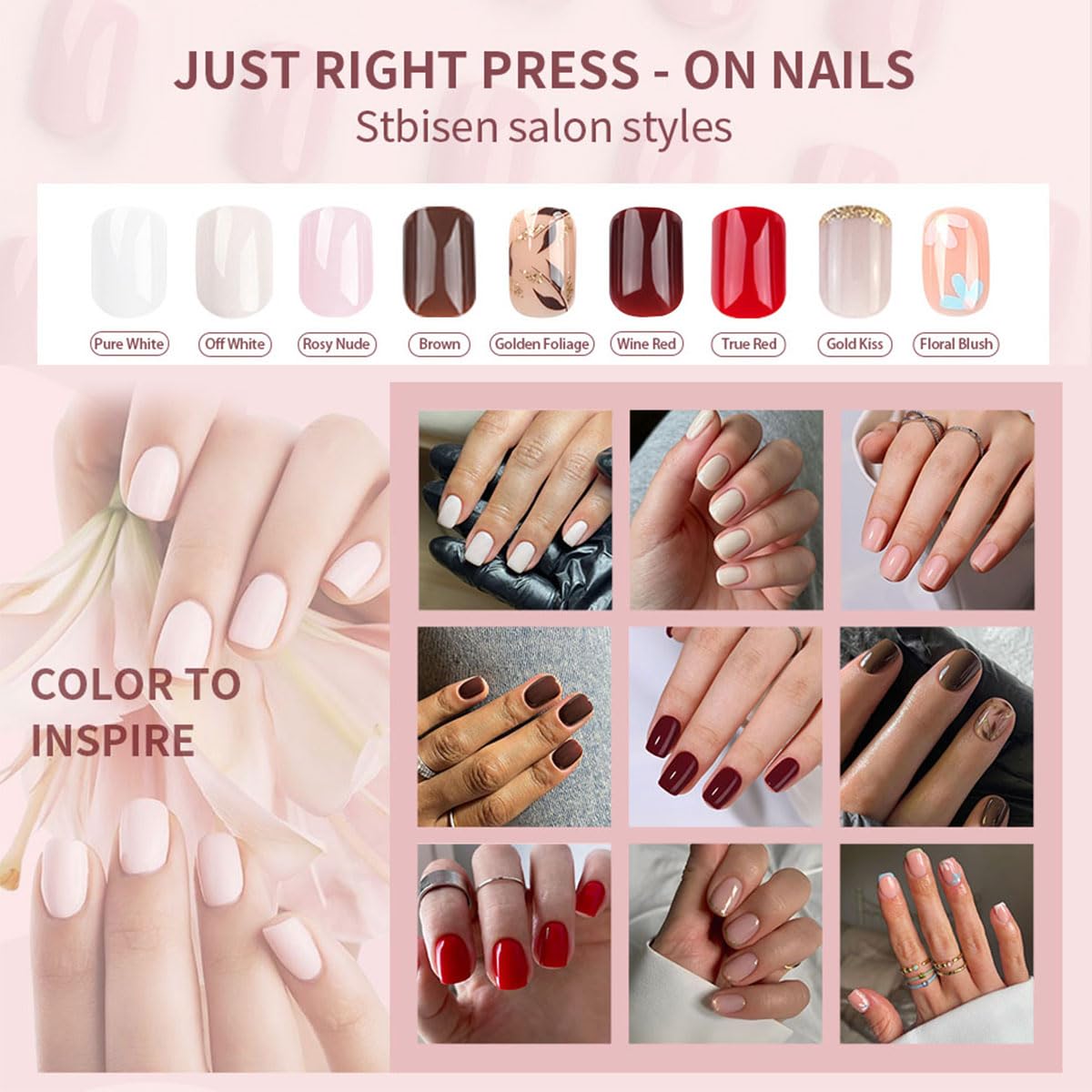 Stbisen Wine Red Press On Nails Short Square, 30Pcs 15 sizes, Glossy Burgundy Fake Nails, Reusable Thick Natural Glue On Nails for Women Gift, Suitable for Work, Office Settings, and Everyday, 30Pcs