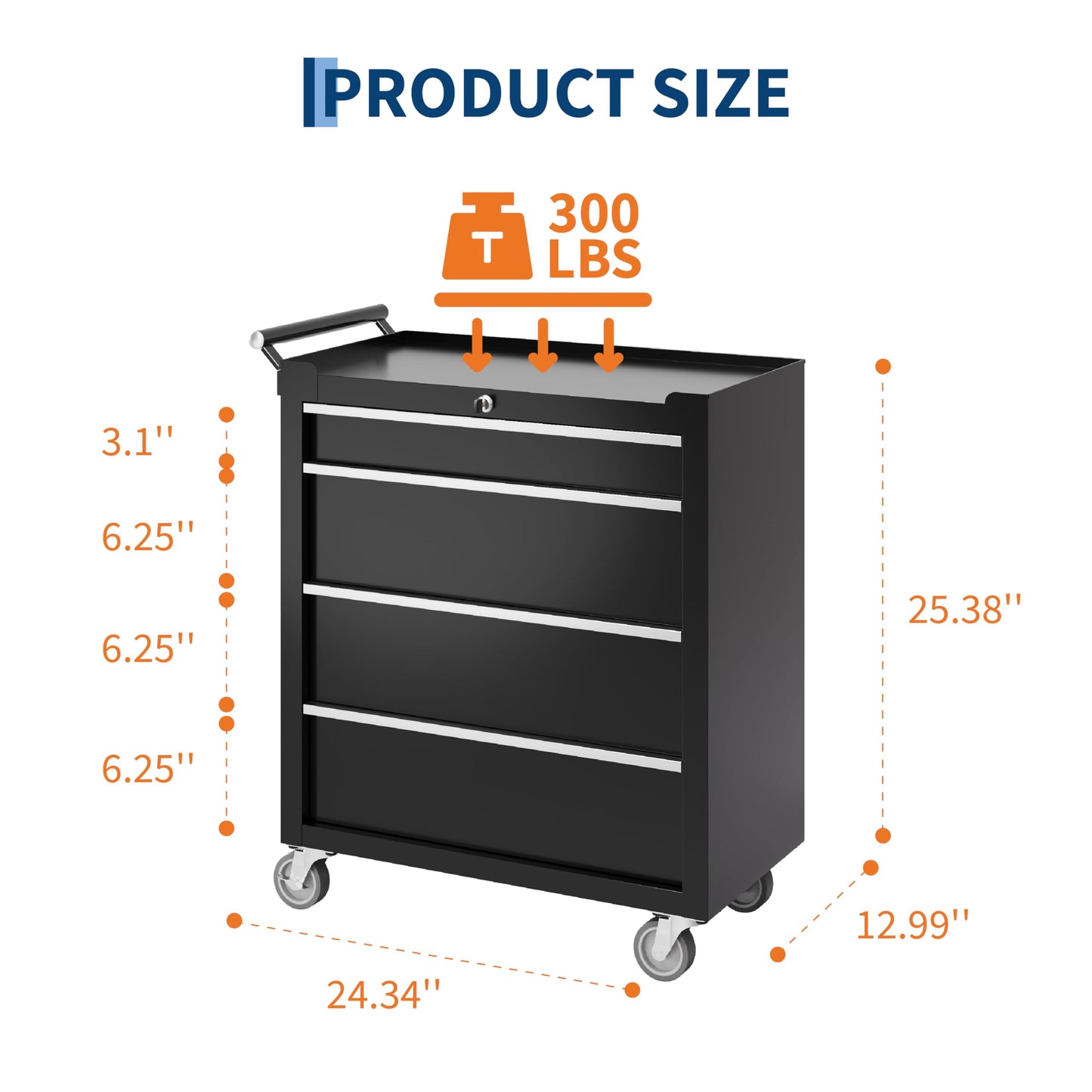 PeakPursuit 4-Drawer Rolling Tool Chest with Lock System, Portable Tool Box with Wheels, Secure Storage Cabinet for Warehouse, Workshop, and Repair Shop, Black