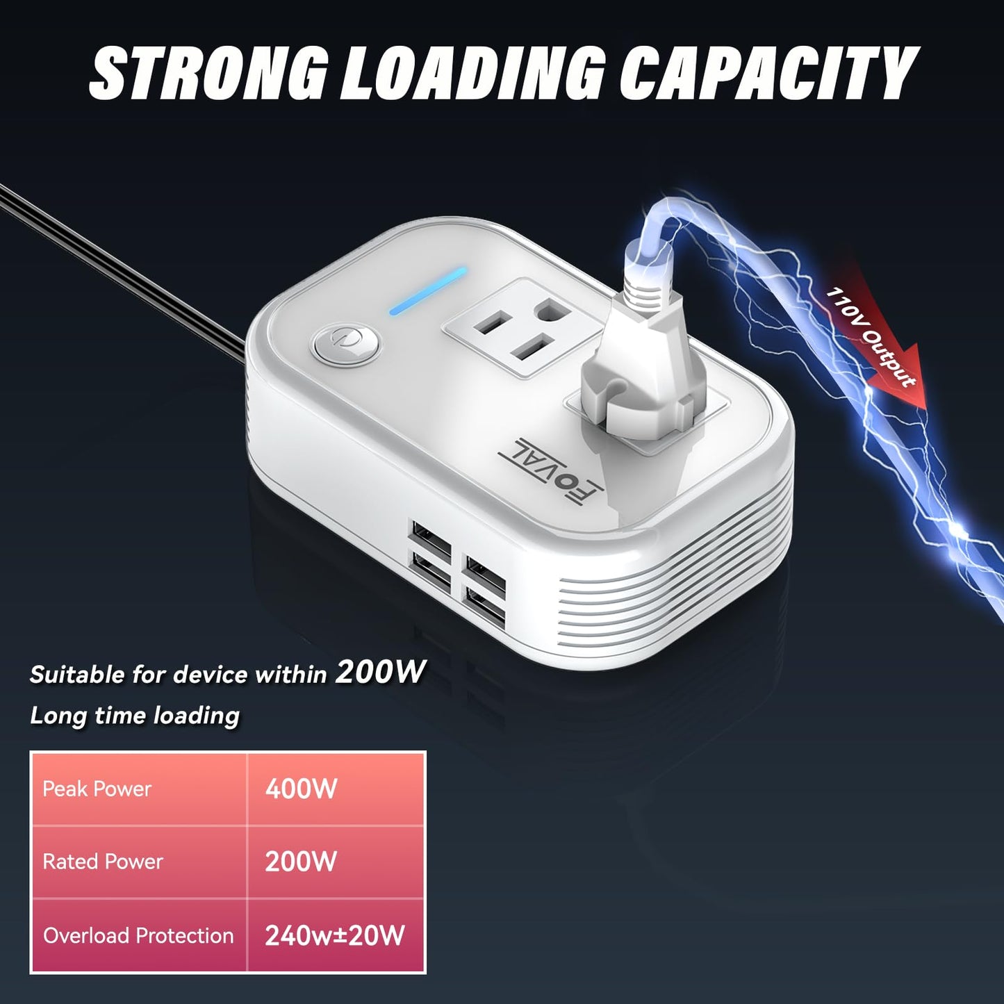 200W Car Power Inverter, FOVAL 12V DC to 110V AC Car Inverte with 4 USB Ports Car Outlet Adapter, Power Inverter for Vehicles, Car Plug Adapter Outlet for Laptop Computer Charger (White)