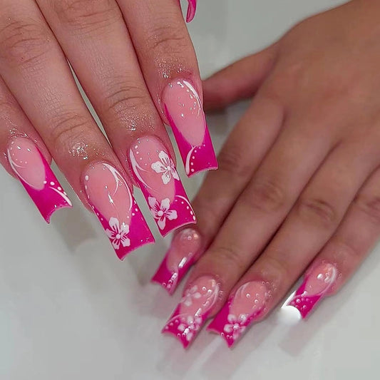 MISUD Press on Nails - Long Square Glue on Nails with Hot Pink, Acrylic Summer Flower Design 24 pcs