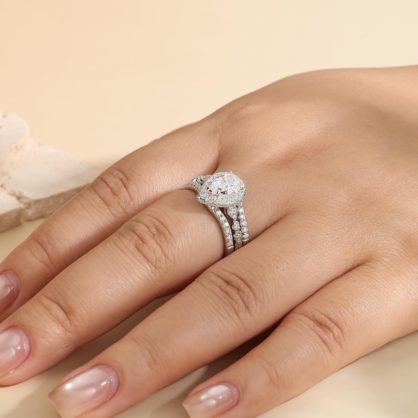 Newshe Jewellery Moissanite Wedding Rings for Women 925 Sterling Silver Pear Cut Engagement Ring Sets Teardrop Bridal Band Enhancer Size 6.5