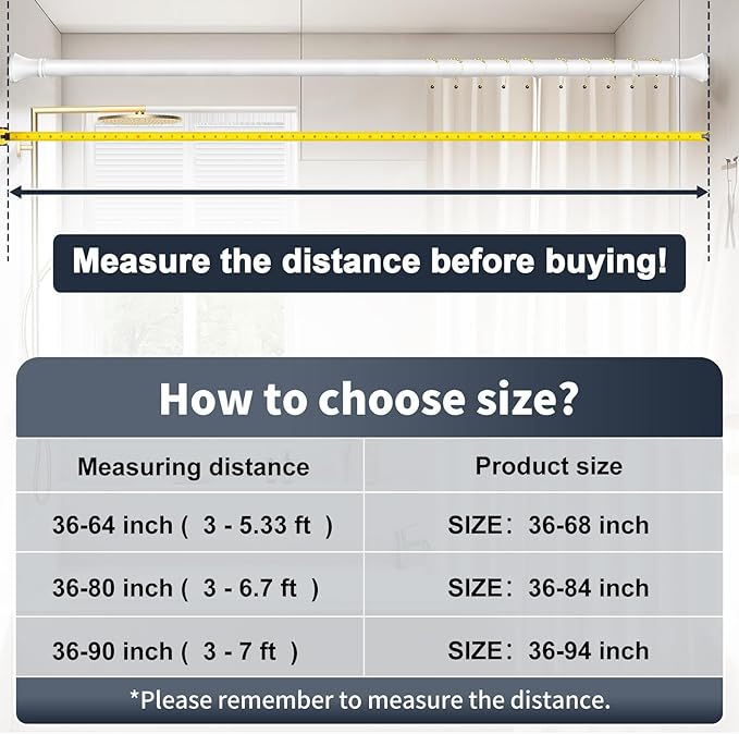 YNL White Shower Curtain Rod 36-94 Inch(3-7.8ft), No Slip No Drill No Rust Shower Rod For Bathroom Window Patio, Adjustable Spring Long Tension Rod