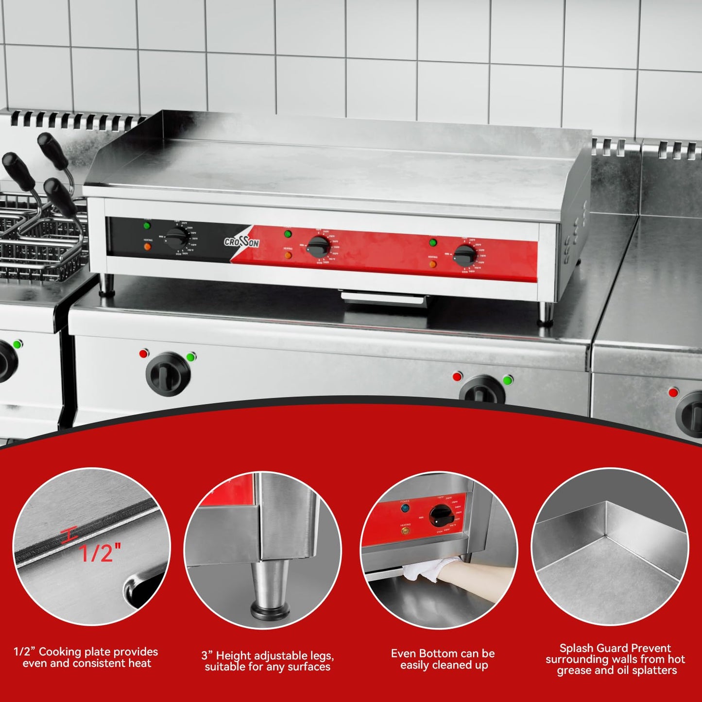 CROSSON 36"*16" Large Commercial Electric Countertop Griddle,Flat Top Heavy Duty Griddles with Non-Stick 1/2" Thick Iron Cooking Plate for Restaurant use-240V/6600W (EG-918C)