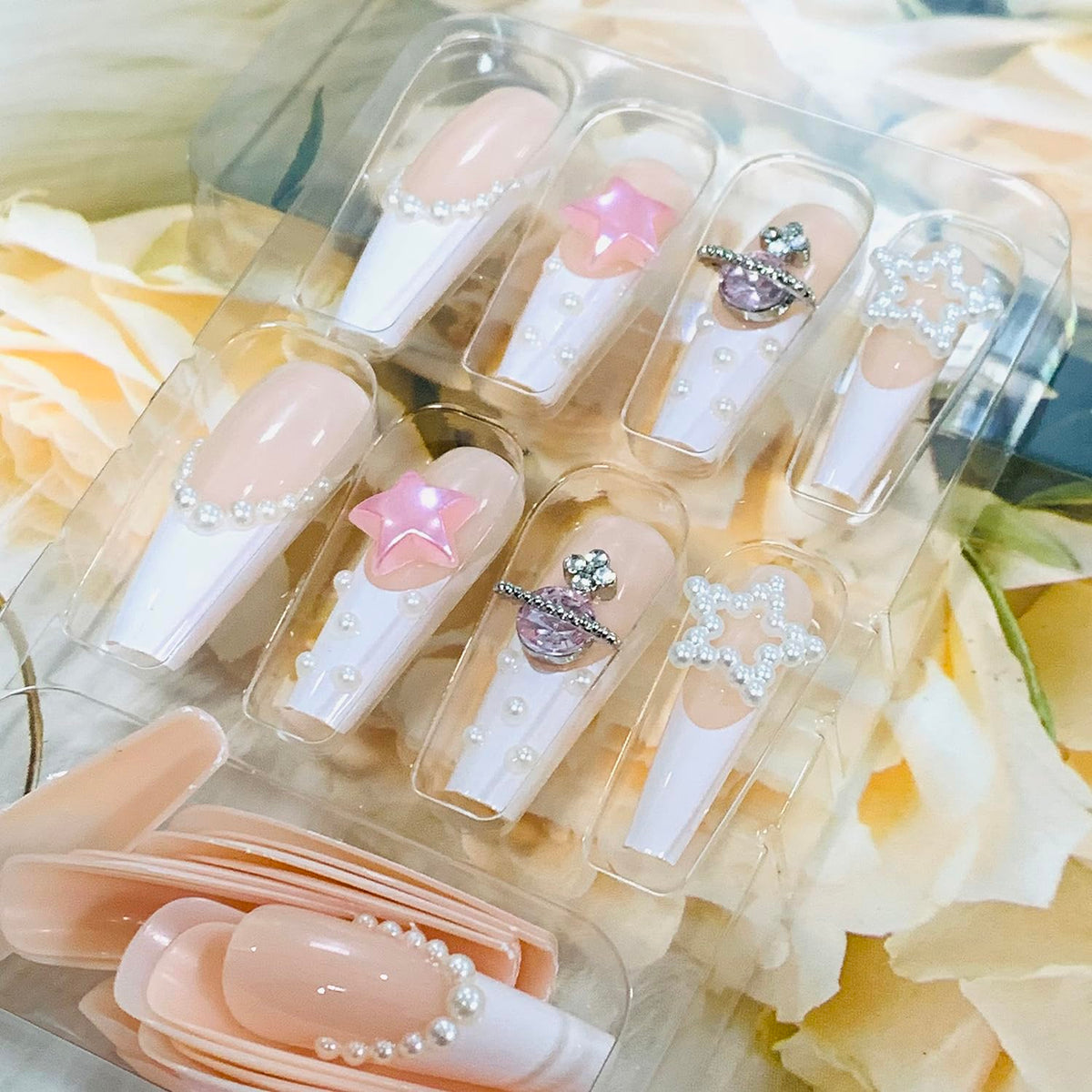 Vezocim Press on Nails Coffin Long French Tips Glossy Full Cover Acrylic Square Rhinestone Fake Nails with Star Gems Designs Extra Long False Nails Glue Stick on Fingernails with Charm for Women