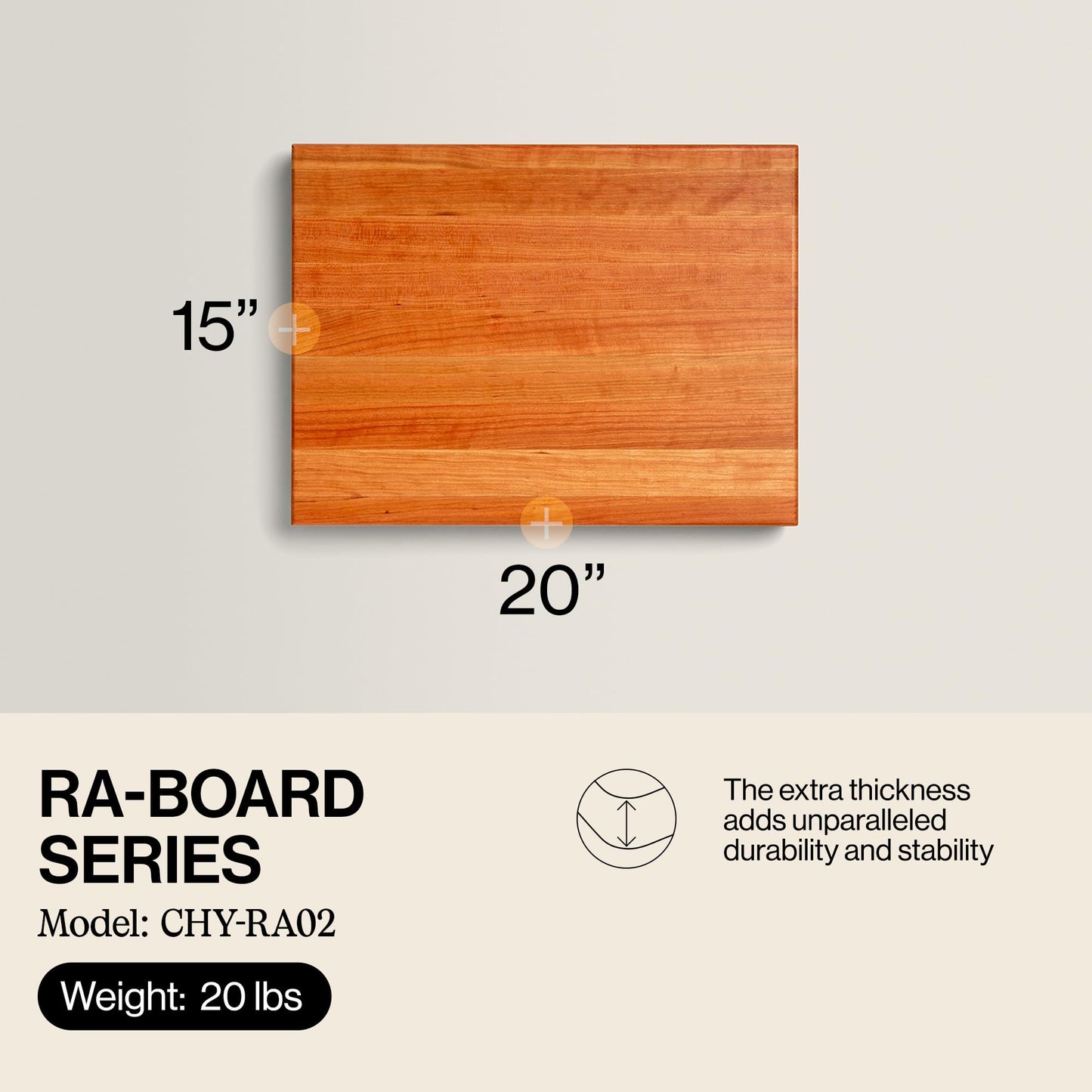 John Boos RA-Board Series Rectangular Wooden Cherry Cutting Board 20”x15” – 2.25” Thick, 20-lb Reversible Butcher Block with Edge-Grain & Finger Grips – Made in the USA