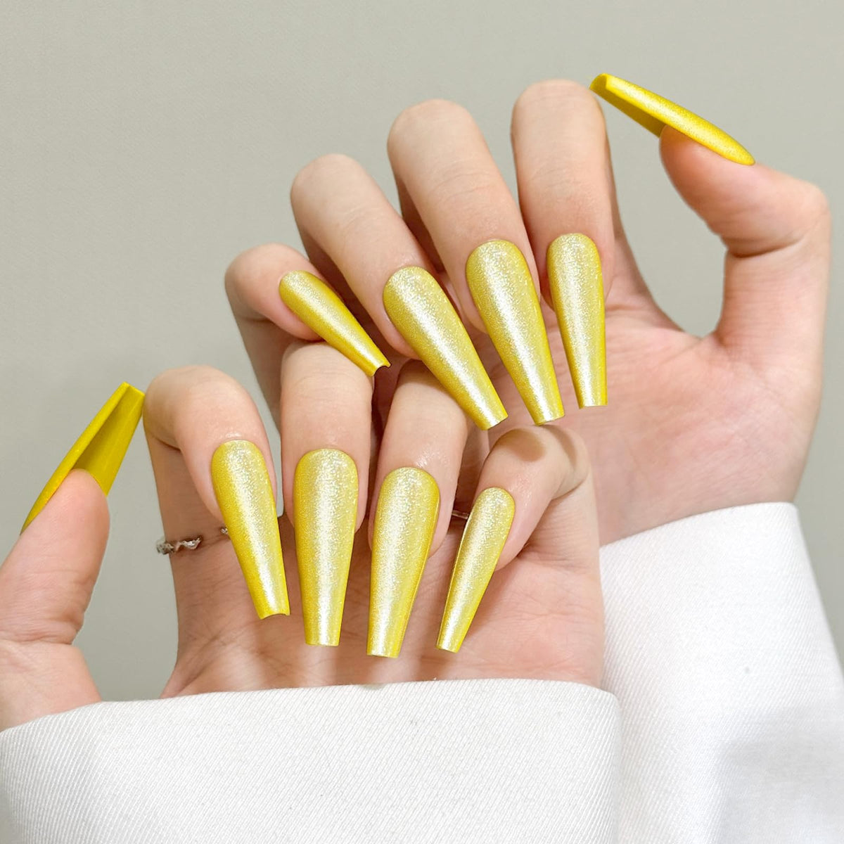 Yellow Cat Eyes Press On Nails,12 Sizes - 24 Pcs Soft Gel Yellow Long Coffin Fake Nails Kit with Nail Glue, Natural Reusable Stick On False Nails for Women and Girls SK1052