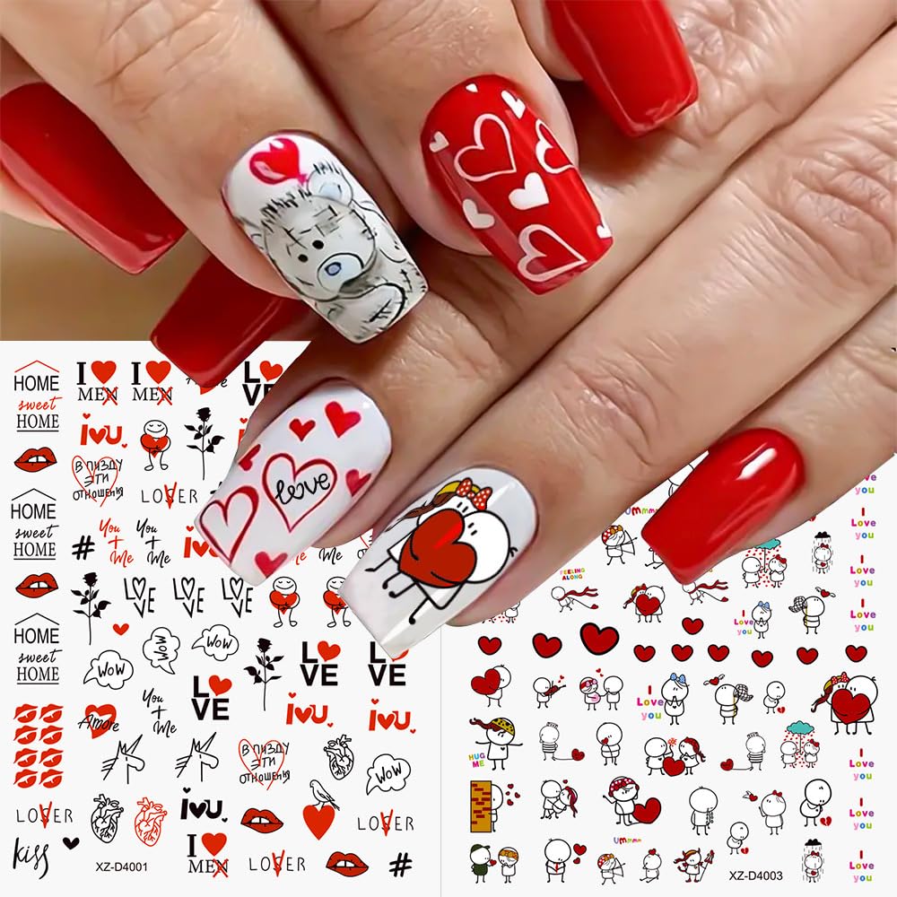 6 Sheets Valentine's Day Nail Stickers for Nail Art, 3D Self-Adhesive Rose Heart Nail Decals, Kiss Flower Love u Nail Supplies Nail Art Design Accessories for Women and Girls Manicure DIY Decoration