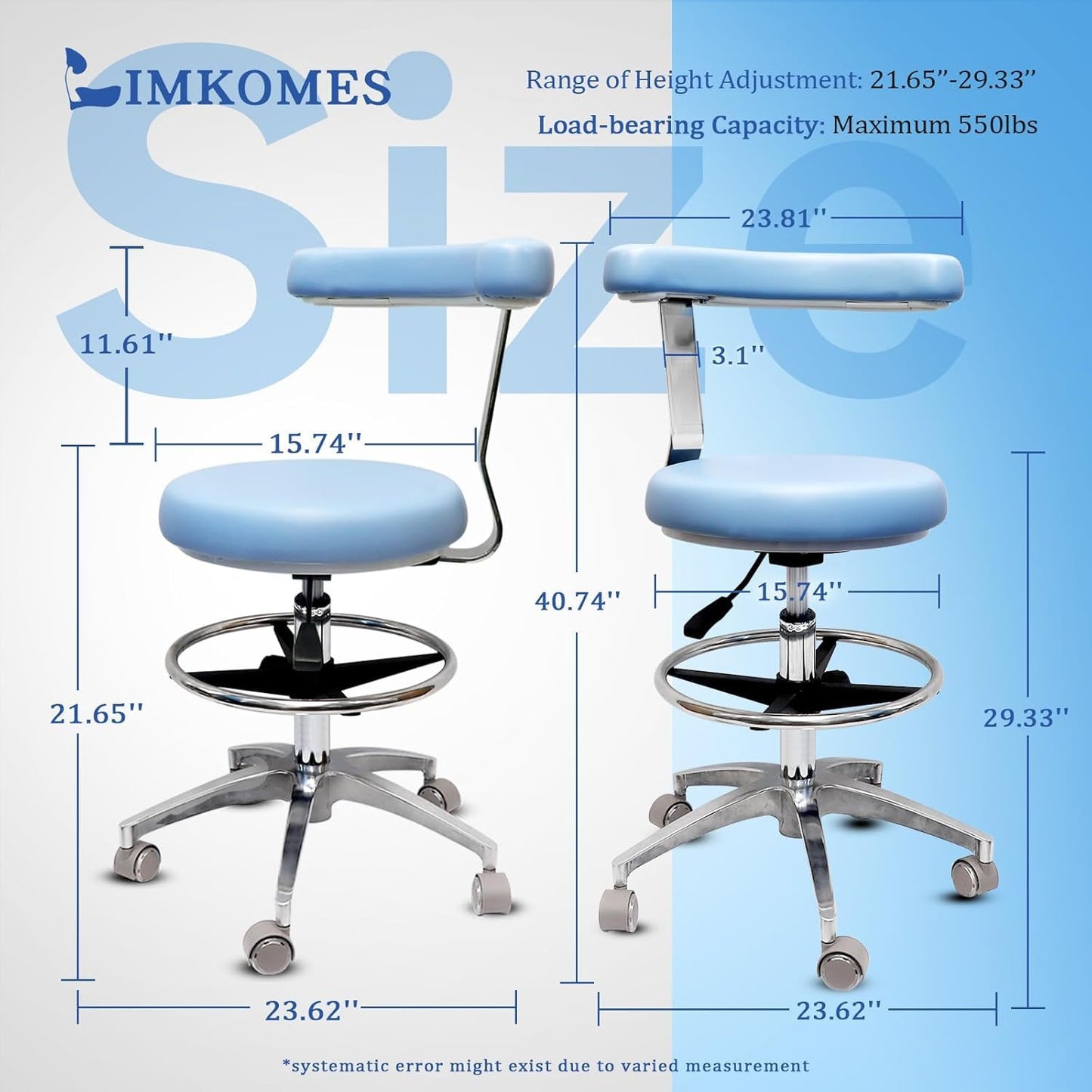 LIMKOMES Rolling Stool with Removable Footrest Lab Salon Chair Height Adjustable 360° Swivel Stool for Dentist with Unique Backrest Design