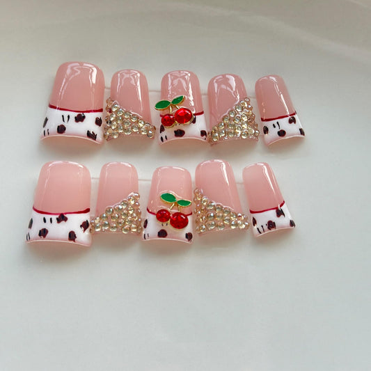 Threelegscat Handmade Cute Pink Medium Duck Press on Nails 10 PCS White French Tips Fake Nails with Cherry Charm & Rhinestone, Reusable Acrylic Size M for Women Daily, Party
