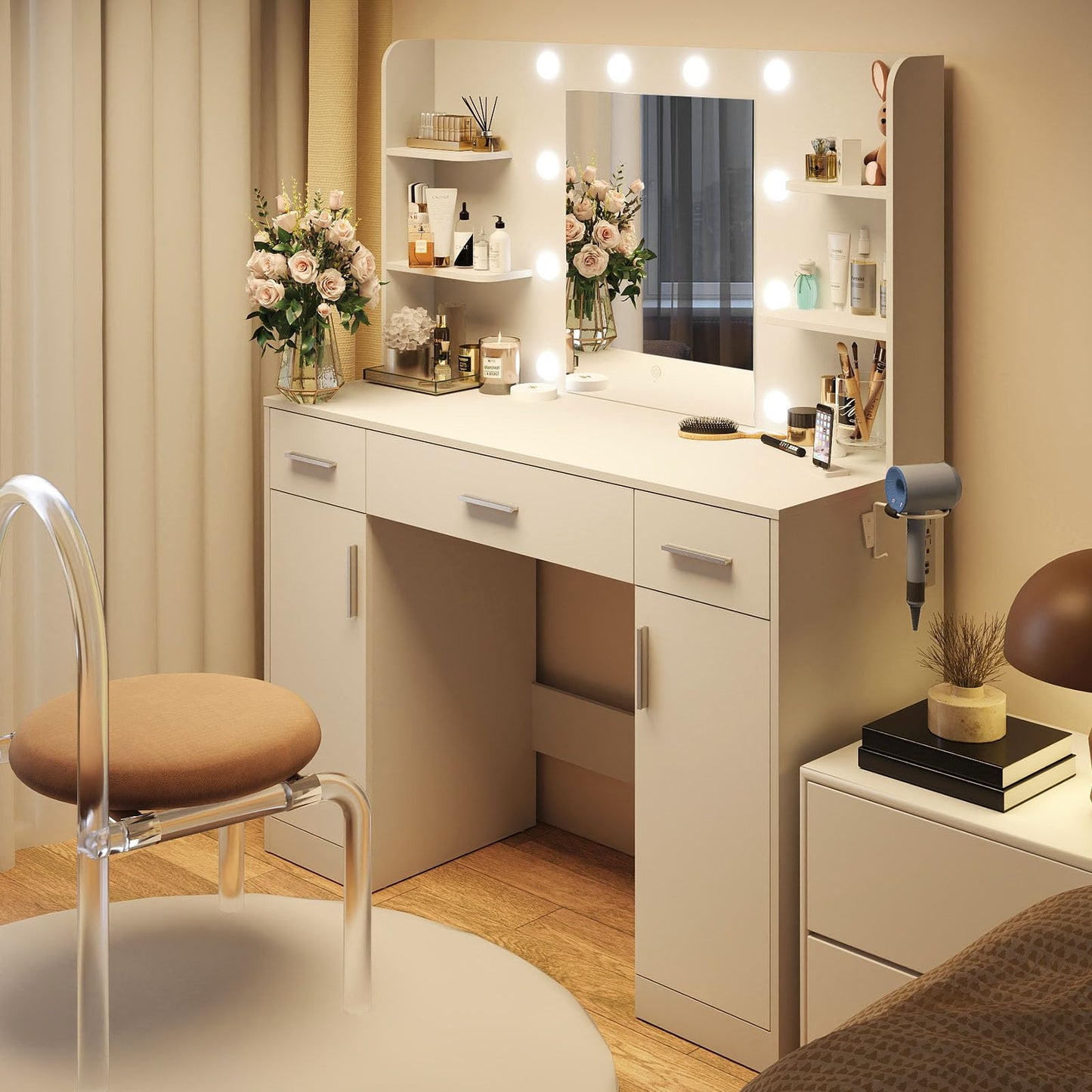 DUMOS Vanity Desk Makeup with Mirror LED Lights, White Table with Power Outlet 3 Drawer, 4 Storage Shelves & 2 Cabinets, 3 Lighting Modes & Adjustable Brightness, Dressing Tables for Bedroom