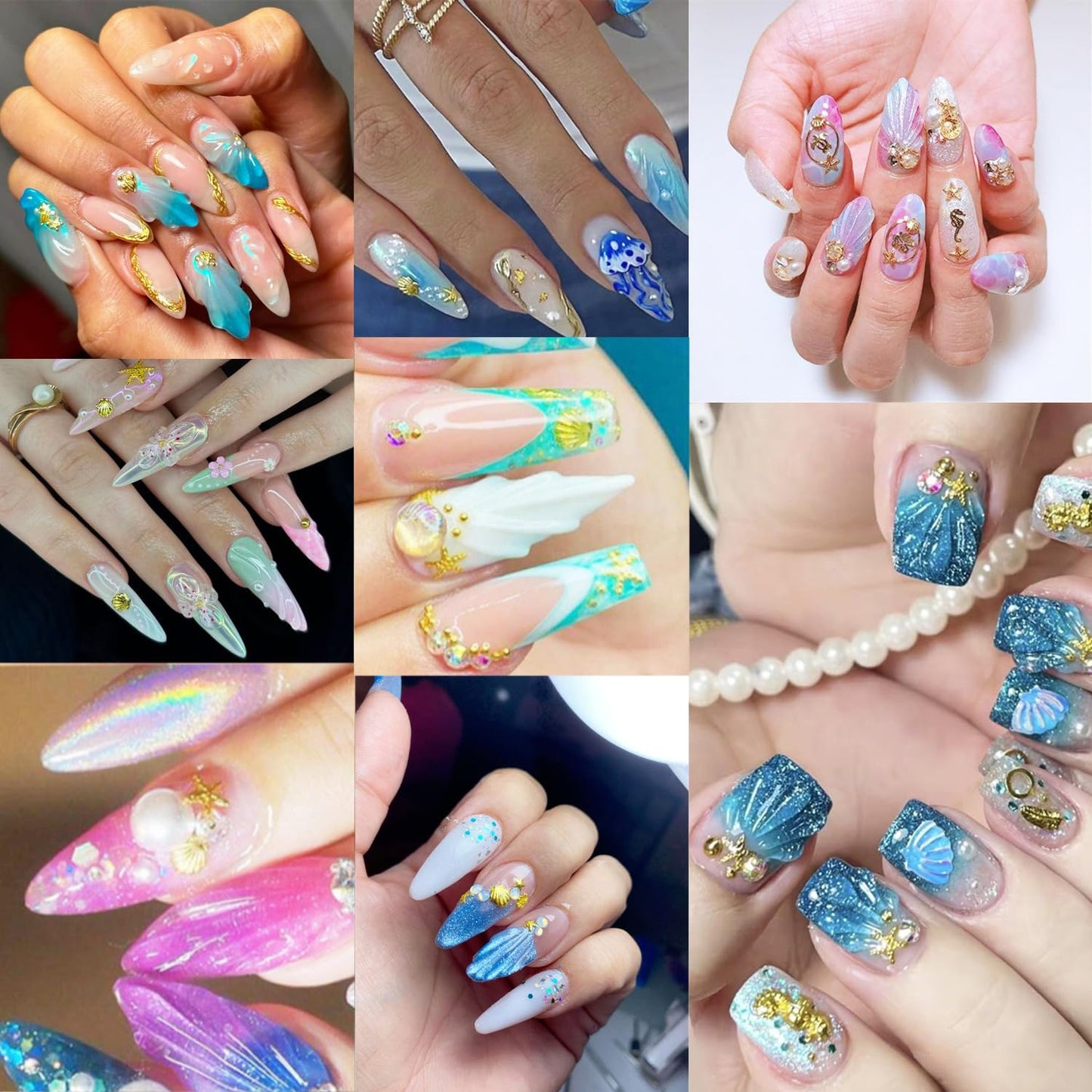 6 Grids Summer Ocean Nail Charms and Gems Marine Life Designs Nail Art Charms 3D Gold Starfish Seashell Nail Rhinestones Cute Conchs Seahorse Nail Jewelry Summer Beach Nails Decoration for Women