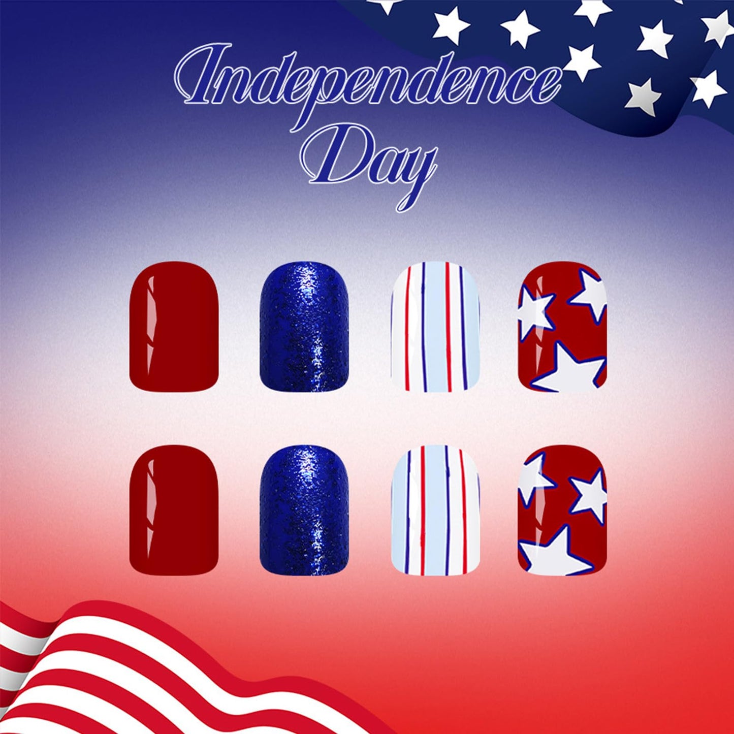 4th of July Press on Nails Short Square Fake Nails Red Blue Glitter False Nails with Star Stripes Design Independence Day Patriotic Nails Full Cover Glossy Stick on Nail for Women Manicure 24Pcs