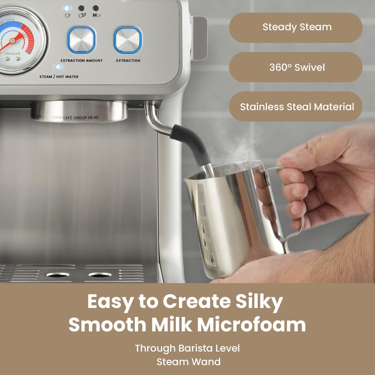 Gevi Dual Boiler Espresso Machine with Built-in Grinder & Barista Steam Wand | 58mm Commercial Portafilter, 31 Grind Settings, Stainless Steel | For Home Barista Use