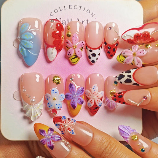 Handmade Acrylic Press On Nails Almond, 3D Press On Nails Medium, Flower 3D Red Nails French Tip Preal Shell Leopard For Women Gift, Reusable Stick On Fake Nails Kit With Nail Glue(Lush Garden-L)