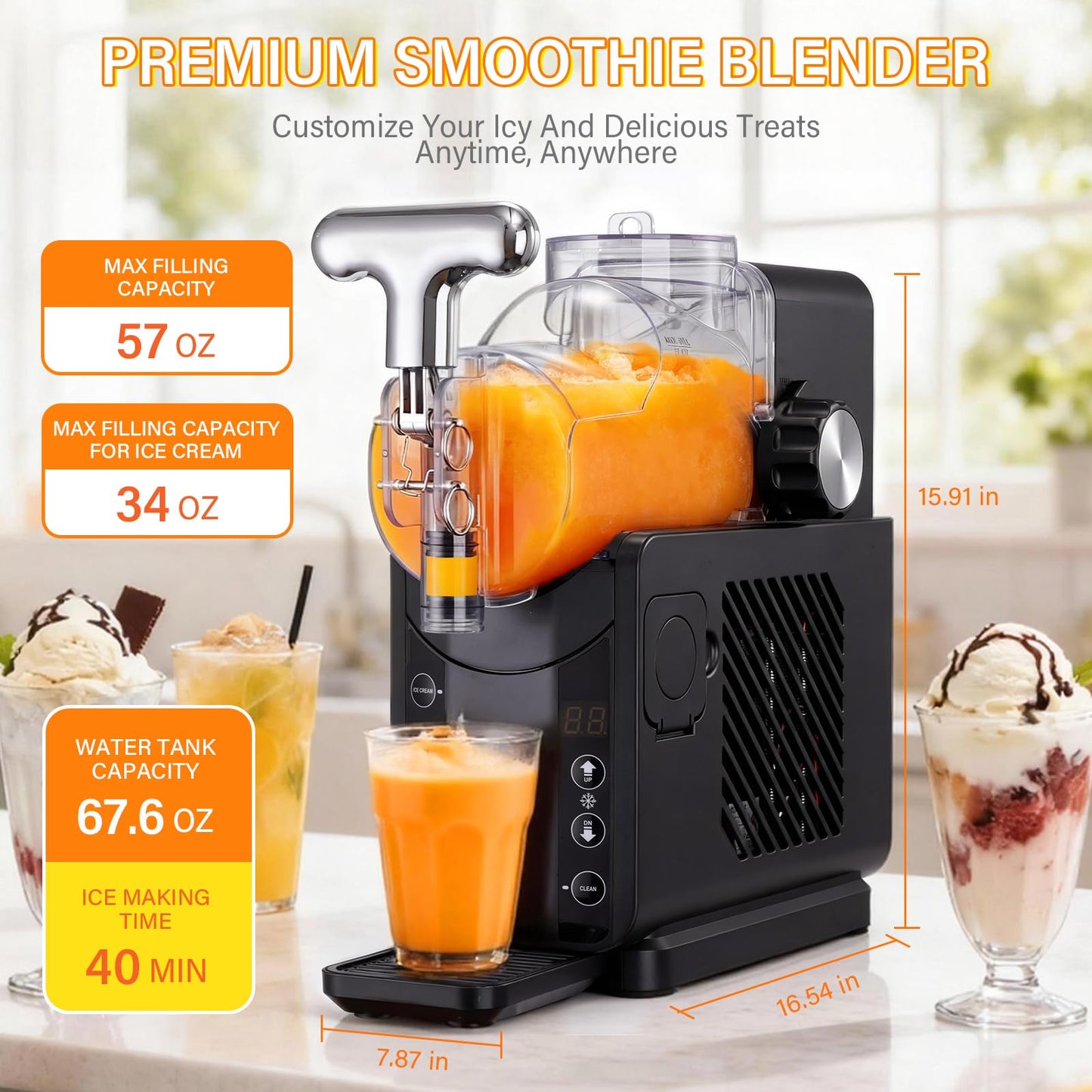 FNOONXY 2-in-1 smoothie/soft ice cream machine, 57oz Frozen Drink Maker, 5 Preset Modes, Auto-Cleaning, No Ice Needed, for Milkshakes, Margarita Slushies & Frozen Beverages