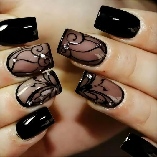 Short Press on Nails Square Fake Nails Black French Tip Acrylic False Nails with Dark Vines Design Full Cover Glue on Nail Glossy Nails Press ons Short Stick on Nail for Women 24Pcs