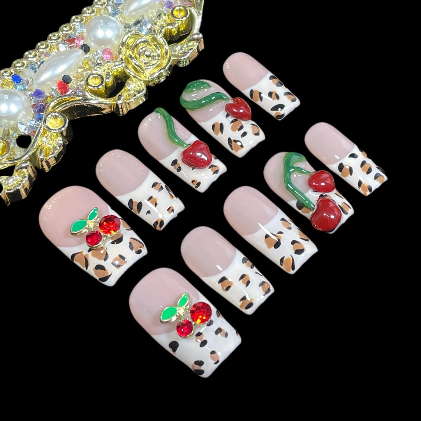 Handmade Press on Nails 3D Hand-scuplted Red Cherry Short/Medium Square False Nails | Leopard Print French Tips | Reusable Acrylic Fake Nails (Cherry Bouquet, S)