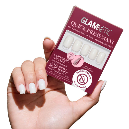 Glamnetic Quick Press Mani - No Glue Press On Nails, Just Peel and Stick, Square Extra Short Nails, Mess Free, Salon Quality Stick On Nails, Porcelain | in 15 Sizes - 30 Nail Kit | Gift For Mom