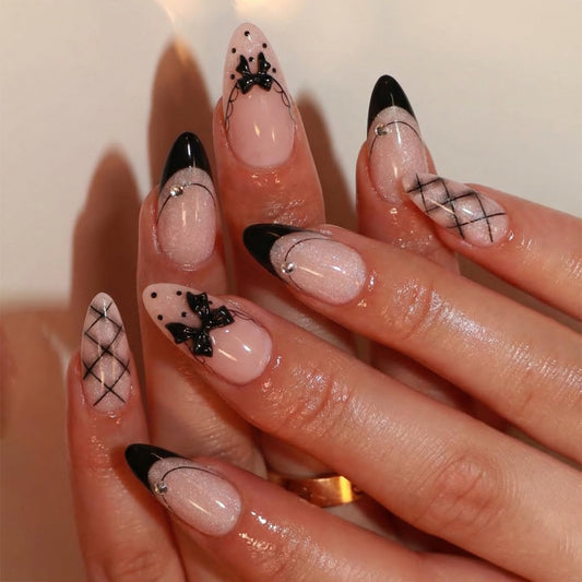 IMSOHOT Medium Almond Press on Nails, Goth Black Bow Design, 24 Pcs Glossy Fake Nails with 3D Ribbon & French Tip Pattern for Women Girls