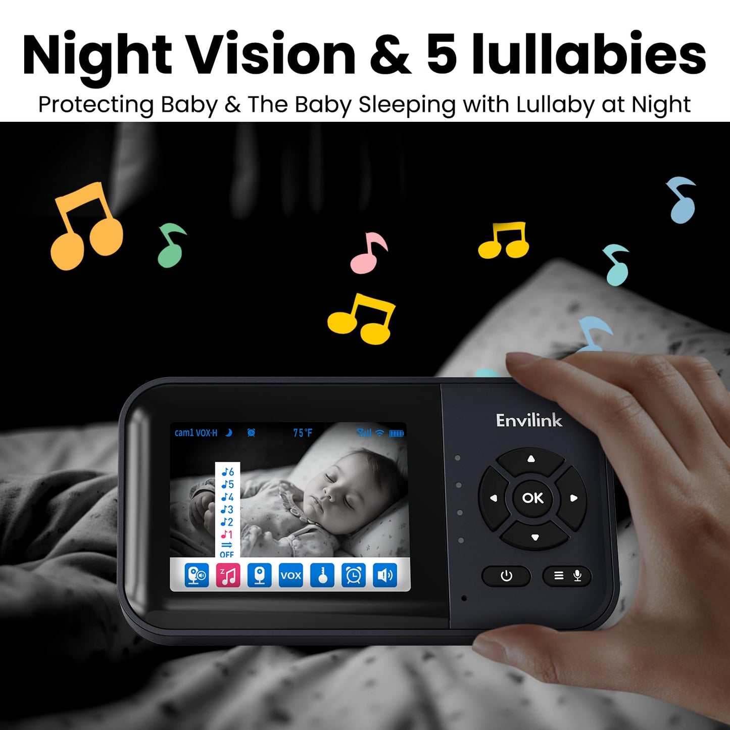 Envilink Smart Baby Monitor, 2.8in LCD, Night Vision, VOX, 2-Way Talk, 5 Lullabies 1500ft WiFi VideoBaby Monitor