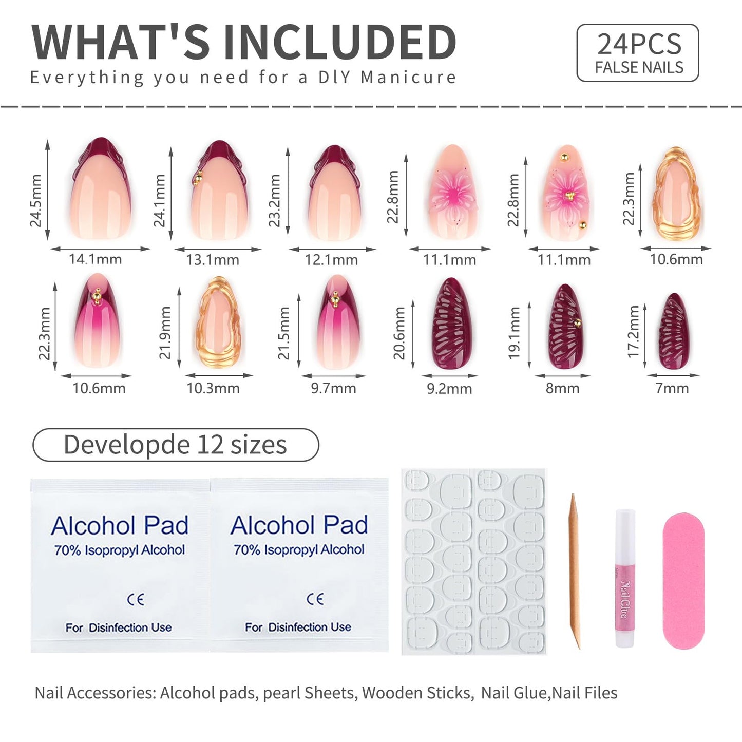 Mivota Soft Gel Press On Nails Almond Floral Design, Burgundy Pink Gold Foil Flower Glue On Fake Nails Glossy Reusable Acrylic Look False Nails for Women 24PCS