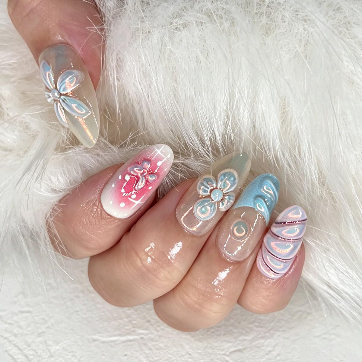 3D Press On Nails Almond Medium French Fake Nails with Cat's Eye Embossed Flower&Butterfly Summer Designs, Acrylic Artificial Nail Press ons False Stick On Nails for Women Girls 30Pcs