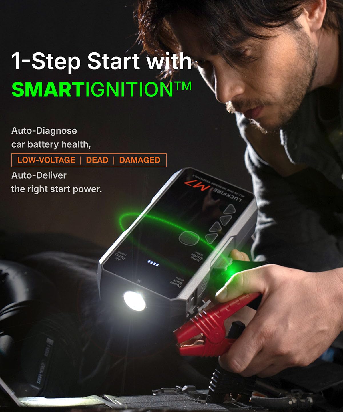 LUCKFIRE M7 SmartIgnition Jump Starter with Air Compressor, TÜV Certified 12V Car Battery Booster Pack, Portable Tire Inflator, Jump Box, 60Wh Power Bank, for 10L Gas and 8.5L Diesel