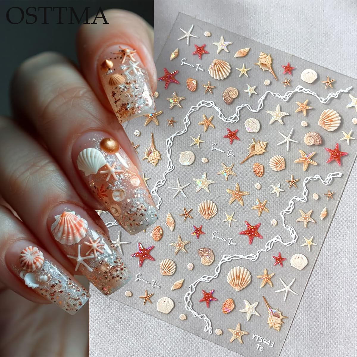 Summer Nail Art Stickers Shiny Shells Starfish Nail Decals Mermaid Conch Beach Design 5D Embossed Self Adhesive Nails Supplies Summer Sea Theme Nail Art Decoration for Women Manicure Accessories,2Pcs