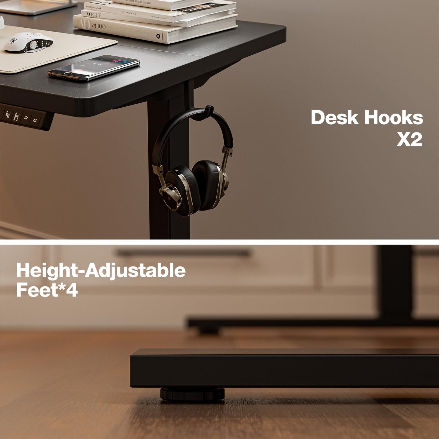 Grandder 47x32 Large Electric Standing Desk, Height Adjustable Computer Desk with 2 Memory Presets, 31.5" Deep Desktop Sit Stand Desk Home Office Desk Workstation Table with Hooks, Black