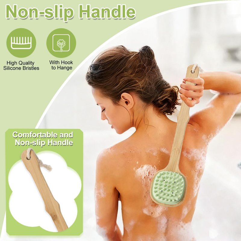 Silicone Back Scrubber for Shower, Silicone Bath Body Brush Loofah with Long Handle, Dual-Sided Shower Brush for Body, Green Exfoliating Body Scrubber for Men Women, Back Washer for Men with Hook