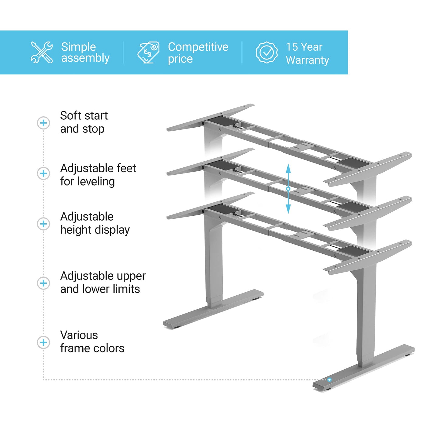 PROGRESSIVE AUTOMATIONS Standing Desk Frame Dual Motor. Adjustable Height and Width, 3 Stages Electric Legs for sit Stand desks. Suites Tops from 48" to 73" FLT-02 Grey