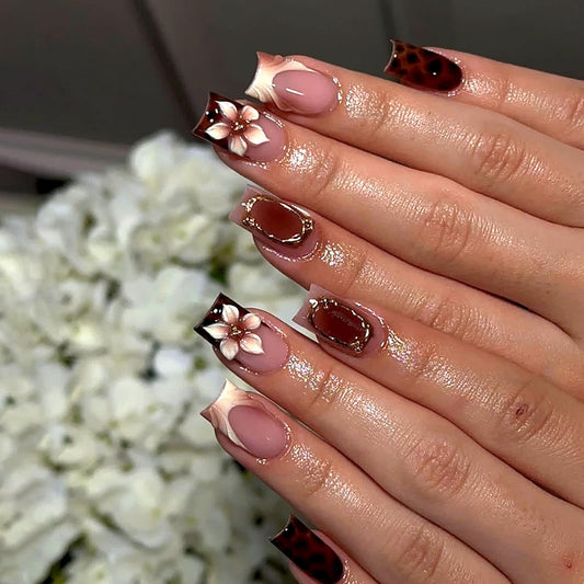 Brown French Tip Press on Nails Ballerina Shape, Caramel Nude Glossy Fake Nails with 3D Flower, Leopard Print & Gold Frame Design, Vintage Luxury Acrylic Nails Reusable Full Cover Nail Set for Women