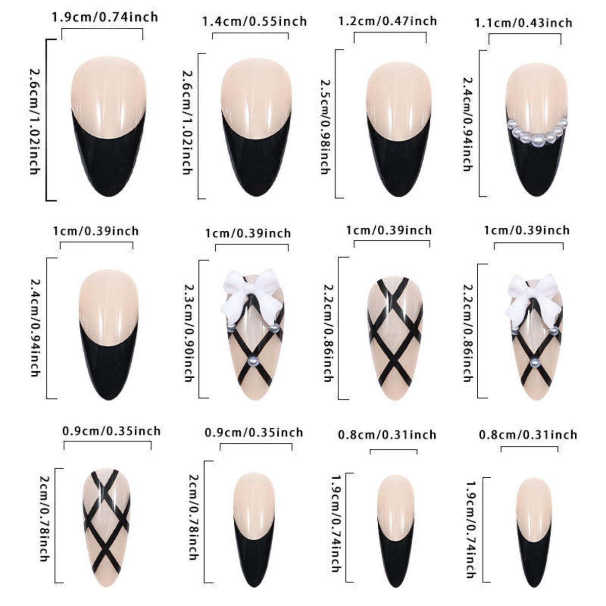 octoswave Press on Nails Long Almond Fake Nails Black French Artificial Nail Bow and Sparkly Pearl Charm Stick on Nail for Women 24pcs