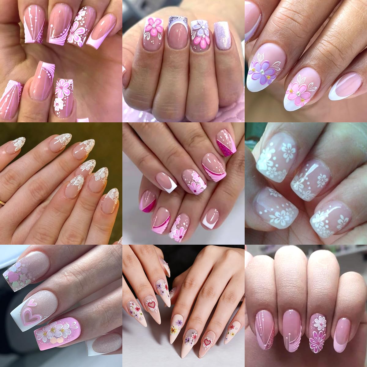 4 Sheets Pink White Flower Nail Art Stickers 3D Embossed Flowers Butterflies Hearts Nail Decals Cute French Floral Nail Stickers for Women Spring Summer DIY Nail Decorations